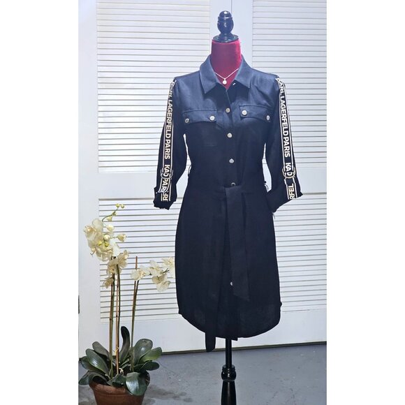 Karl Lagerfeld Paris Dresses & Skirts - Karl Lagerfeld Paris Women's Black Linen Blend Logo Tape Shirtdress Sz 4 2444